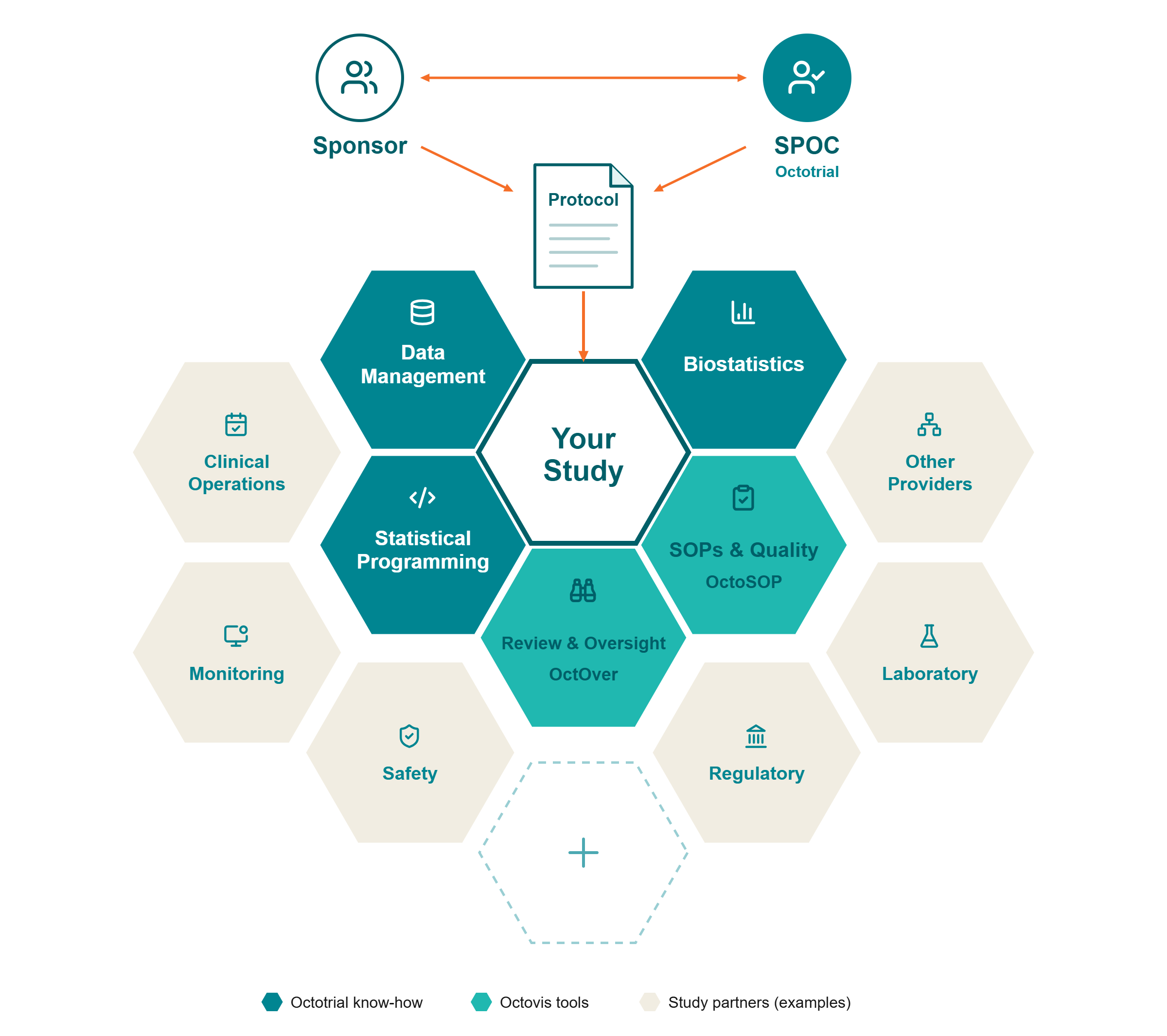 Study network: Sponsor and SPOC define the protocol for your study. Around the study sit Data Management, Biostatistics and Statistical Programming, plus SOPs and Quality with OctoSOP and Review and Oversight with OctOver. Study partners such as clinical operations, monitoring, safety, regulatory and laboratory can dock on as needed.